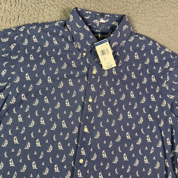 Polo Ralph Lauren Shirt Mens 2XL Blue Sailing Boat Nautical Button Down Slim NEW - Picture 1 of 7